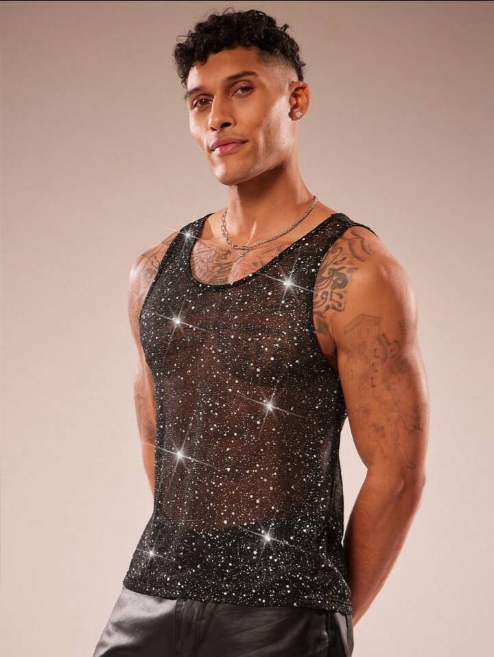 Men's Mesh Sheer Glitter Round Neck Sleeveless Tank Top